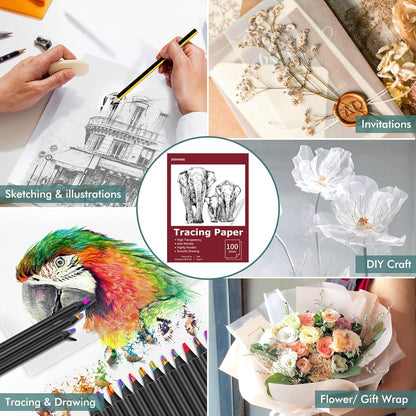 Tracing Paper 9x12 inch, 100 Sheets Transparent Vellum Paper for Tracing Pads, Translucent Tracing Paper for Pencil, Marker and Ink - Trace Images, Sketch, Preliminary Drawing, Overlays, Red