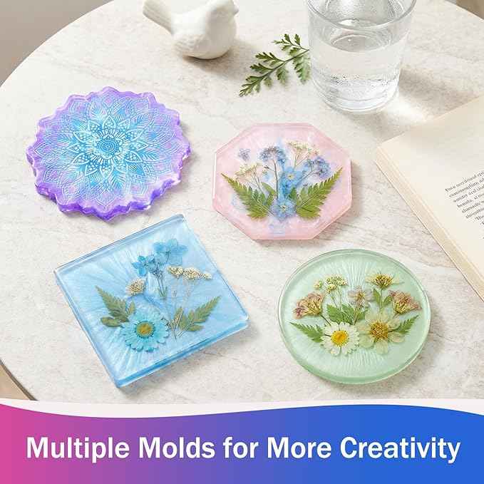 KISREL Epoxy Resin Kit for Beginners, 12OZ Resin Kit with Silicone Coaster Molds, Complete Accessories Include Mica Powders, Dried Flowers, Measuring Cups and Other Resin Supplies for DIY