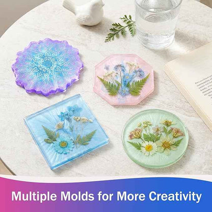 KISREL Epoxy Resin Kit for Beginners, 12OZ Resin Kit with Silicone Coaster Molds, Complete Accessories Include Mica Powders, Dried Flowers, Measuring Cups and Other Resin Supplies for DIY