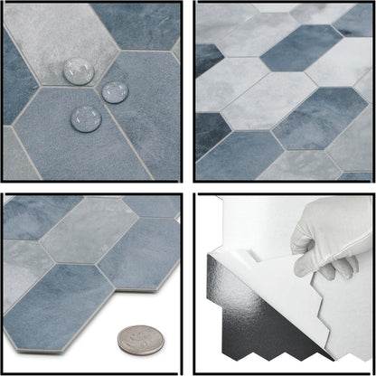The Tiles Plaza 10-Sheet Peel and Stick Backsplash, Blue Cement Long Hexagon Self Adhesive Wall Tile, Stone Composite Stick On Decorative Mosaic Tile for Kitchen Bathroom Fireplace