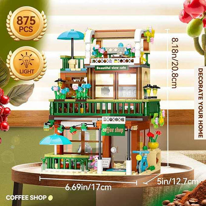 3 in 1 Street View Coffee Shop City Building Set, Compatible with City House Modular Simulation Architecture Construction Toy with LED Lights, Gift for Adults and Girls Kids Aged 8+(875 PCS)