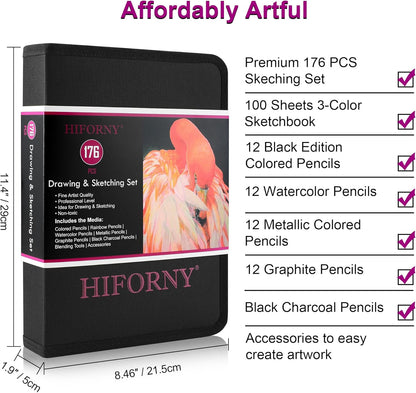 HIFORNY 176 PCS Art Supplies Drawing Set Sketching Kit with 100 Sheets 3-Color Sketchbook,Graphite Colored Charcoal Watercolor & Metallic Pencils,Blending Tools and More, for Beginner Artists