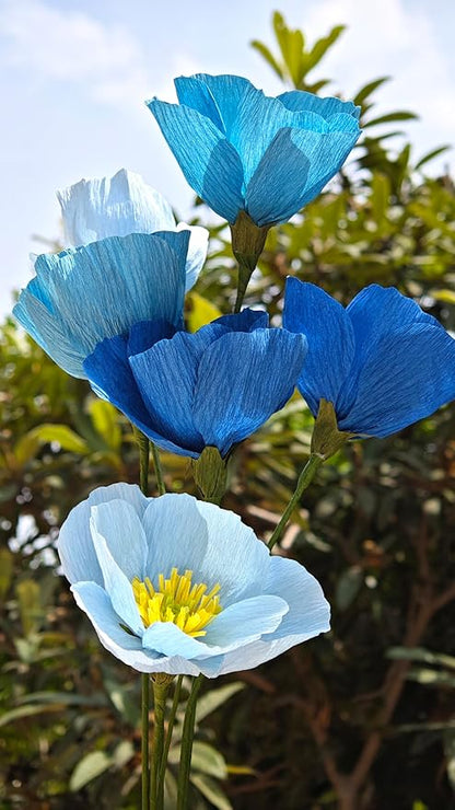 Blue Crepe Paper Poppy Flower DIY Making Kit 24 pcs Easy-to-Make Handcraft Supplies for Beginners & Artisans