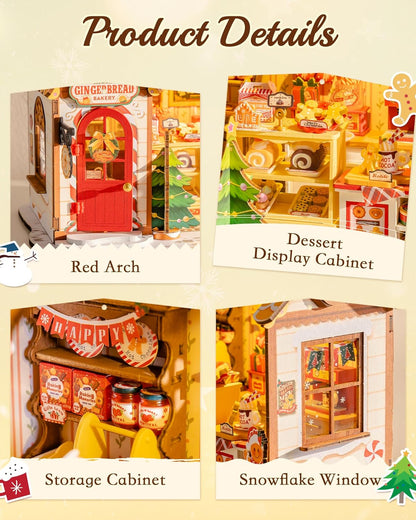ROBOTIME DIY Miniature House Kit, Tiny House Book Nook for Family and Friends, Mini Wooden Dollhouse Kit for Halloween/Christmas/Birthday Gifts（Gingerbread House）