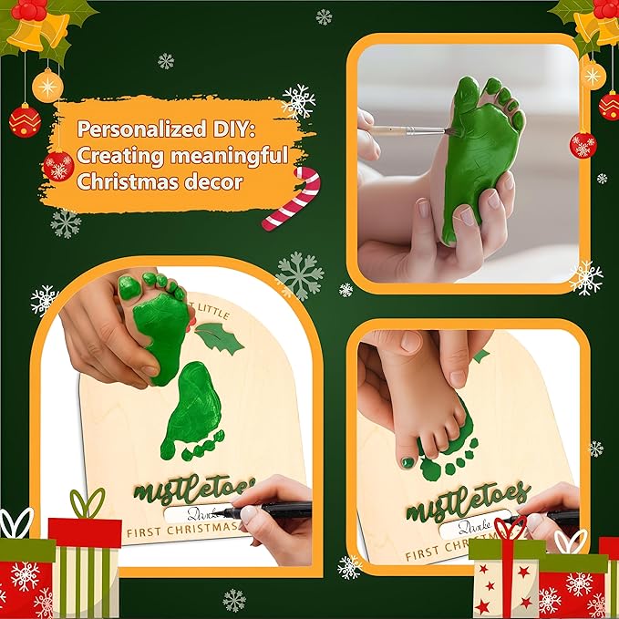 DIY Baby Footprint Keepsake Board with Name Box - Pen/Paint Not Included, Personalized Baby’s First Christmas 2025, Mistletoes Footprint Art, Nursery Footprint Decorative for Baby Shower Newborn