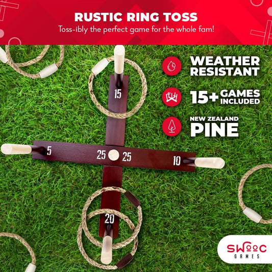 SWOOC Games - Rustic Ring Toss Game (All Weather) - Easy Setup & Extra Games Included - Ring Toss Game for Adults - Outdoor Acitivities for Adults - Yard Toys for Kids - Backyard Fun - Outdoor Party