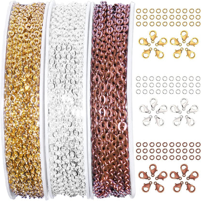 Jishi 30ft Jewelry Making Chains Bulk 2mm Necklace Chains for Jewelry Making Supplies, DIY Craft Earring Bracelet Making Findings, 3-Colors Gold Silver Copper Plated Metal Rolo Cable Link Chain Rolls