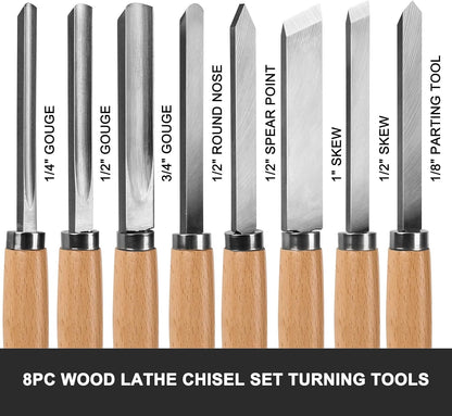 HAUTMEC Professional Wood Turning Chisel 8 pcs Set, Lathe Chisel Set with 2 Skew 1 Spear Point 1 Parting 1 Round Nose & 3 Gouge Tools for Beginners, Hobbyists and Professionals HT0237-WW