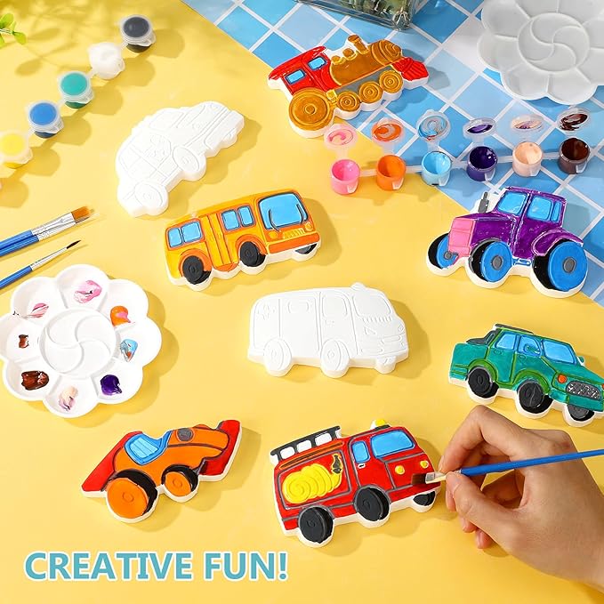 HyDren 8 Pack Paint Your Own Plaster Stones Spring DIY Outdoor Garden Arts and Crafts DIY Stones Painting Kit Supplies with Paint Palette and Brush for Easter Birthday Gifts(Car)