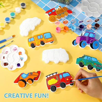 HyDren 8 Pack Paint Your Own Plaster Stones Spring DIY Outdoor Garden Arts and Crafts DIY Stones Painting Kit Supplies with Paint Palette and Brush for Easter Birthday Gifts(Car)