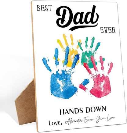 Best Dad Ever DIY Handprint Art Wooden Making Sign, Fathers Day Birthday Personalized Gifts for Dad from Daughter and Son, Baby Handprint Keepsake, Fathers Day Crafts for Family Activities, 9x12 In
