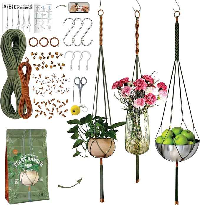 Macrame Kits for Beginners, 3 Set of Plant Hangers DIY Kit: Braided Polyester Ropes 50yds*5mm Forest Green, 20yds*2mm Burnt Orange, 60+Pcs Supplies with Step-by-Step Easy Instructions (GROR)