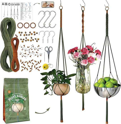 Macrame Kits for Beginners, 3 Set of Plant Hangers DIY Kit: Braided Polyester Ropes 50yds*5mm Forest Green, 20yds*2mm Burnt Orange, 60+Pcs Supplies with Step-by-Step Easy Instructions (GROR)
