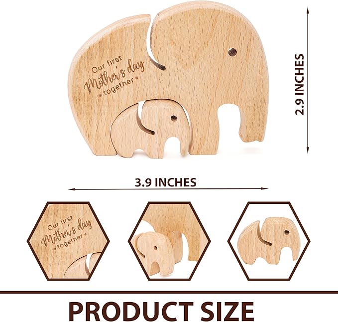 NELXI First Time Mom Gifts, Elephant Mom and Baby Wooden Decor Keepsake, Our First Together Engraved Sign, Meaningful Present for Wife, Sentimental Nursery Tabletop Decor