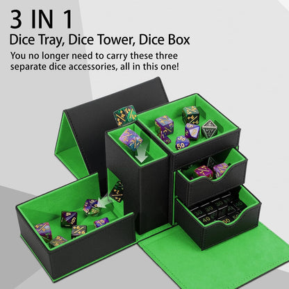 Dice Tower & Tray Storage Box, 3 in 1 Dice Holder Case (Rolling Tower Dice Storage Drawers, Rolling Tray), Leather Magnetic Closure DND Accessories Gifts for RPG MTG, Black/Green