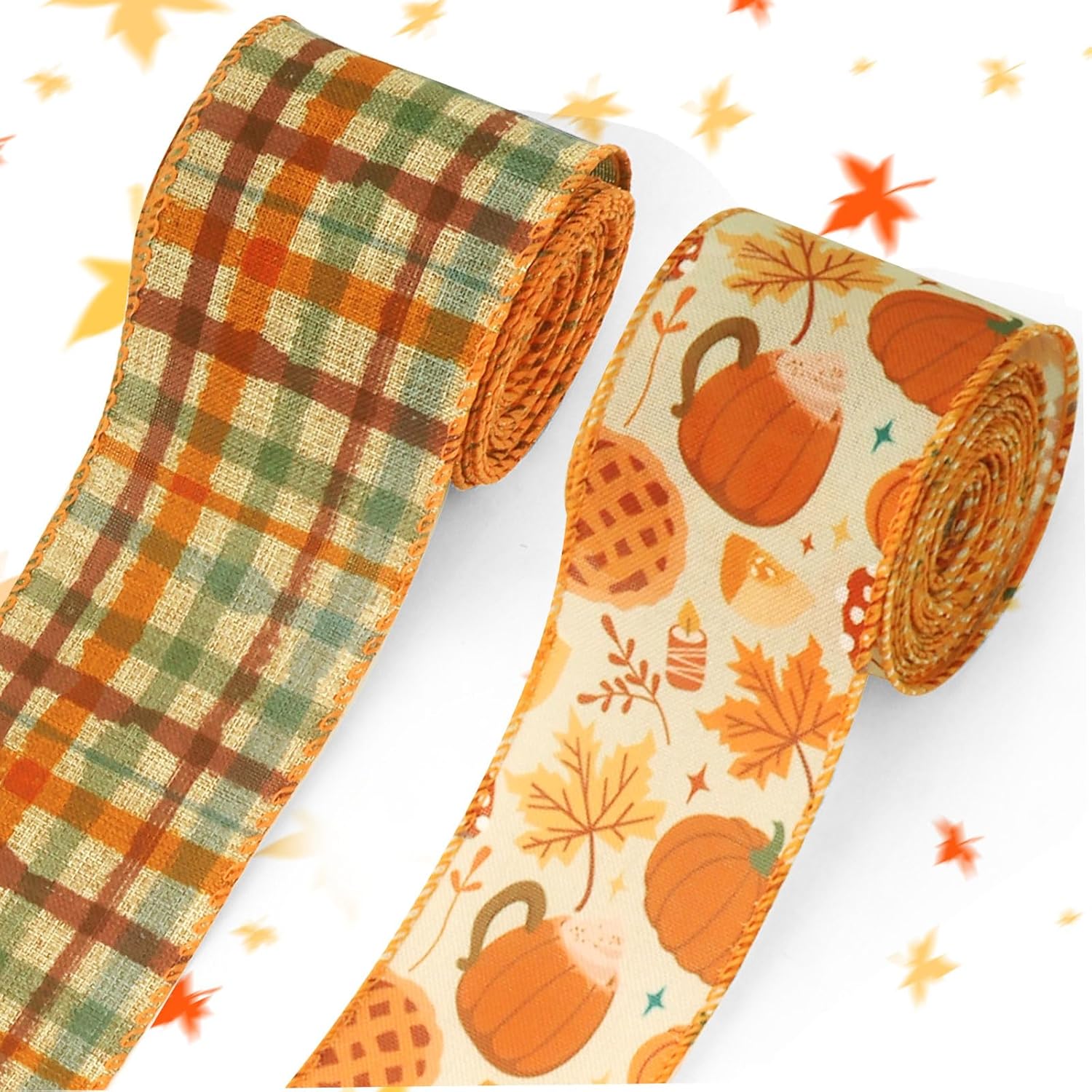 Threetols 2 Rolls 10 Yards Fall Wired Edge Ribbons, 2.5inch Orange Plaid Burlap Ribbon, Autumn Leaves Pumpkin Ribbon for Harvest Thanksgiving Party DIY Craft Fall Wreath Bow Decor - Crafty Corner