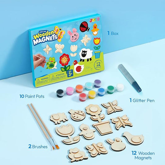 JOYIN 12 Wooden Magnet Creativity Arts & Crafts Painting Kit for Kids, Decorate Your Own Painting Gift for Halloween Crafts, Birthday Parties and Family Crafts, Party Favors for Boys Girls