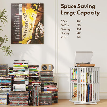 XIMN 360° Rotating Bamboo CD/DVD Shelf - 6-Tier Space-Saving Media Storage Cabinet for Movies, Organizer with Super Compact Design (White, 2 Tier)