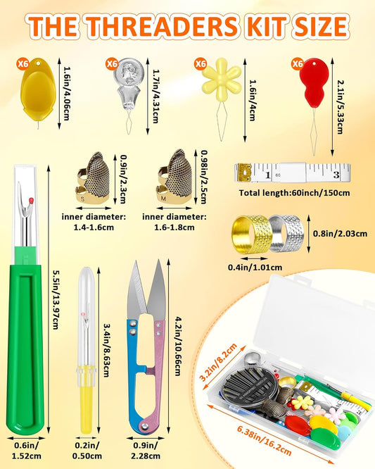 FIVEIZERO Needle Threaders Kit, 24 PCS Needle Threader for Hand Sewing, Needles Threader for Swing & Embroidery Floss with Embroidery Needles, Seam Ripper, Thread Snips, Thimble and Measuring Tape