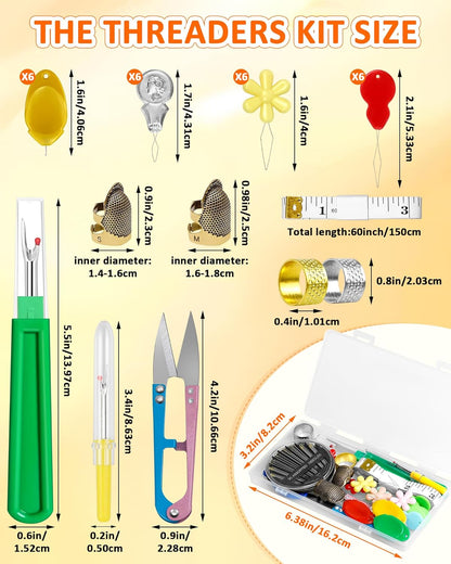 FIVEIZERO Needle Threaders Kit, 24 PCS Needle Threader for Hand Sewing, Needles Threader for Swing & Embroidery Floss with Embroidery Needles, Seam Ripper, Thread Snips, Thimble and Measuring Tape
