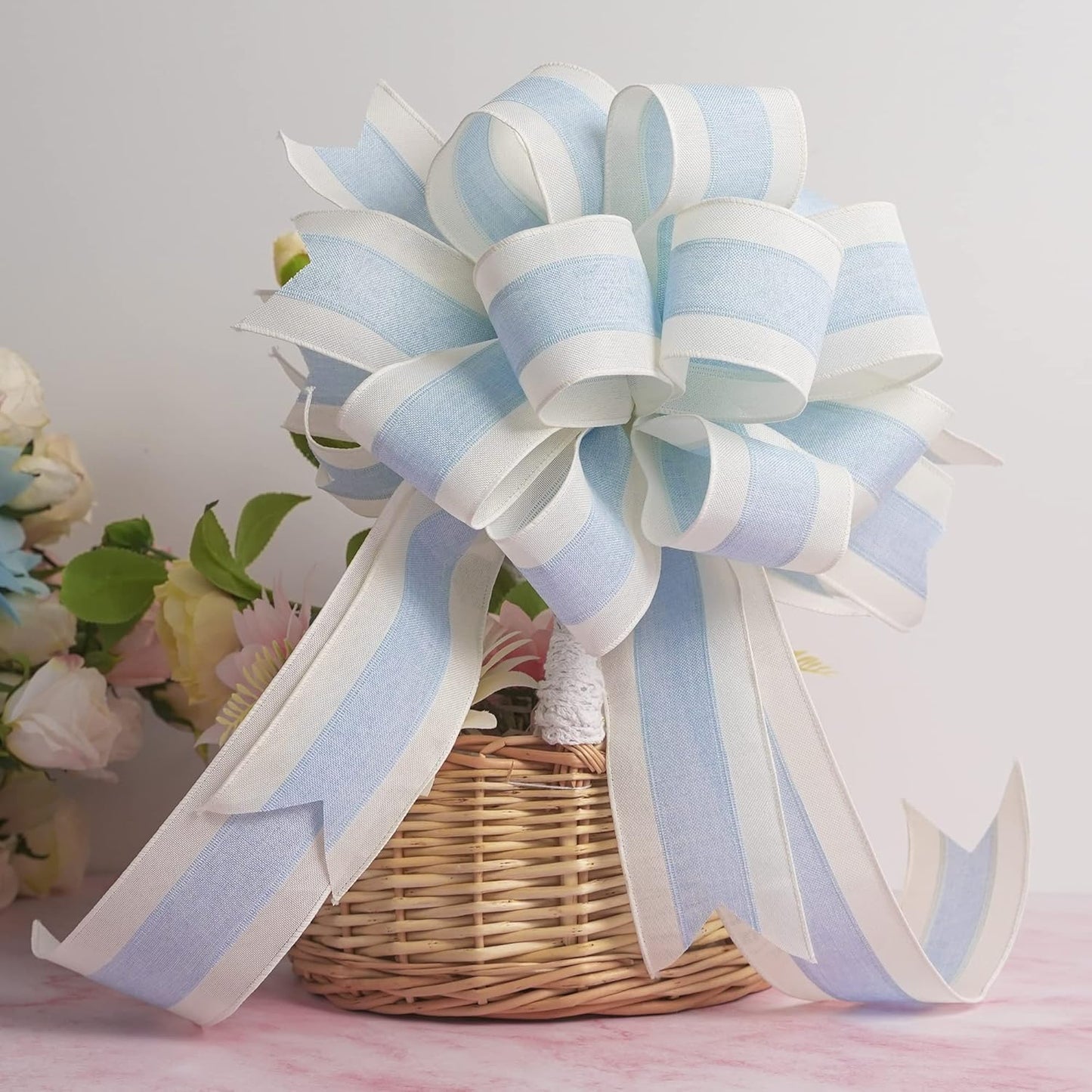 MEEDEE Blue and White Stripe Ribbon Wired Ribbon 2.5 Inch Light Blue Burlap Ribbon with Ivory Stripe Edge Wreath Supplies, Baby Shower Decorations, Crafts Bow Making (10 Yards) - Crafty Corner