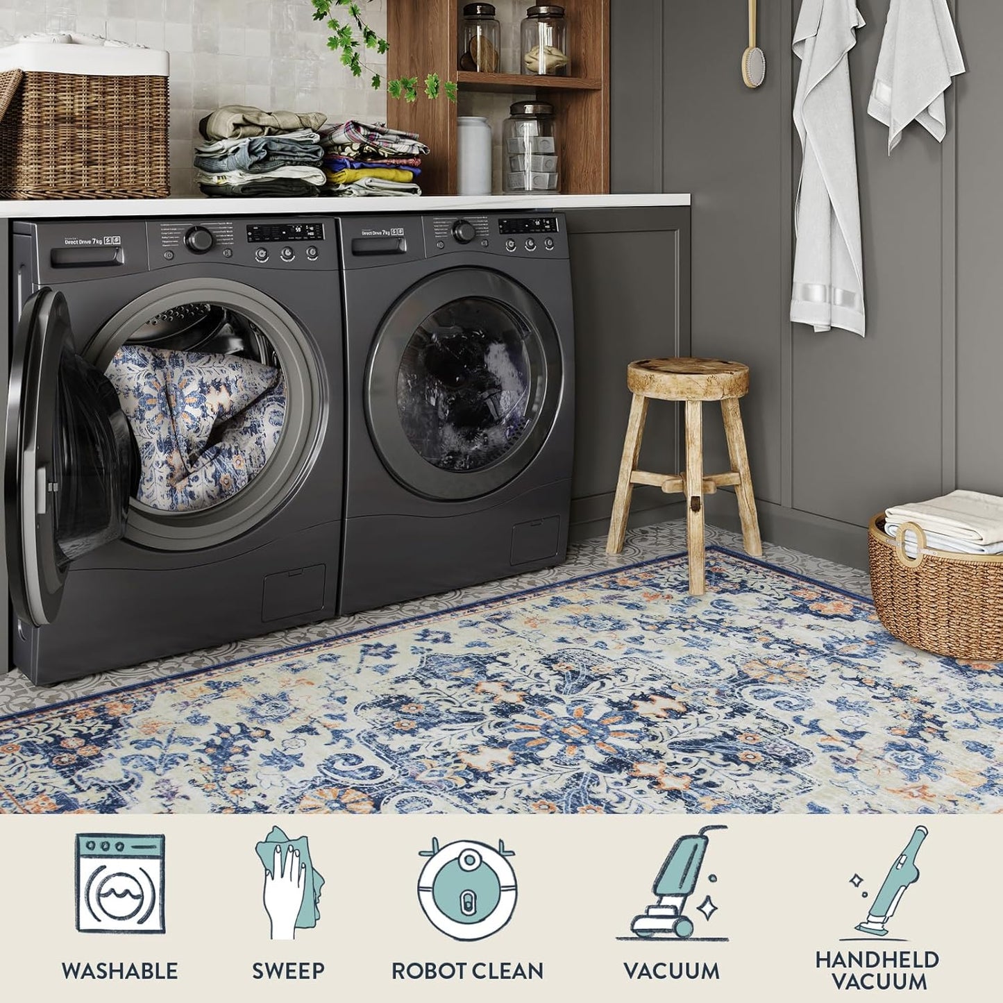 Lahome Round Rug 5'3"Ft, Large Washable Dining Room Round Area Rug Soft Kitchen Circle Rug, Bohemian Non-Slip Non-Shedding Printed Indoor Carpet for Bedroom Entryway Bathroom, Blue Purple/Multi