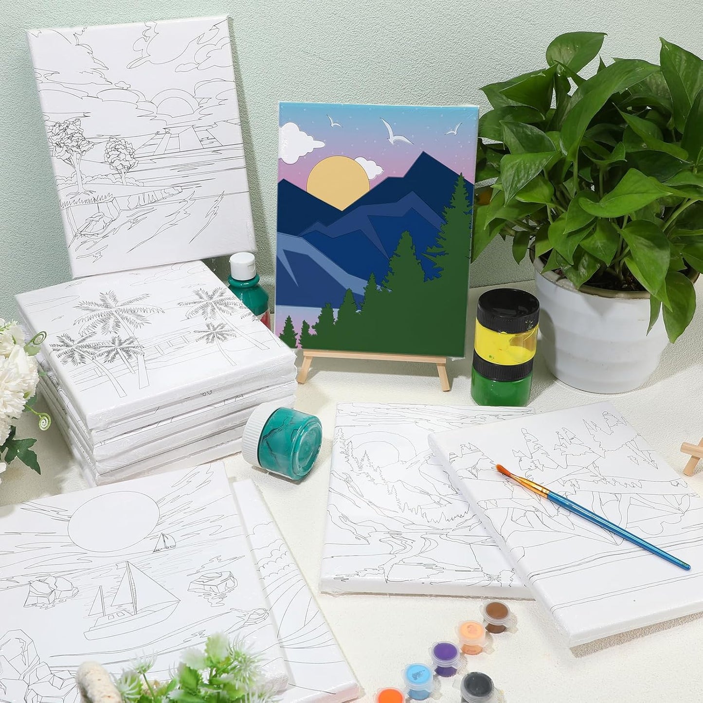 Zhanmai 12 Pack Pre Drawn Canvas for Painting Sip and Paint Kit 8" x 10" Paint Party Set Canvas Painting Pre Printed Canvases for Party Favor DIY Virtual Adult's Date Night(Landscape) - Crafty Corner