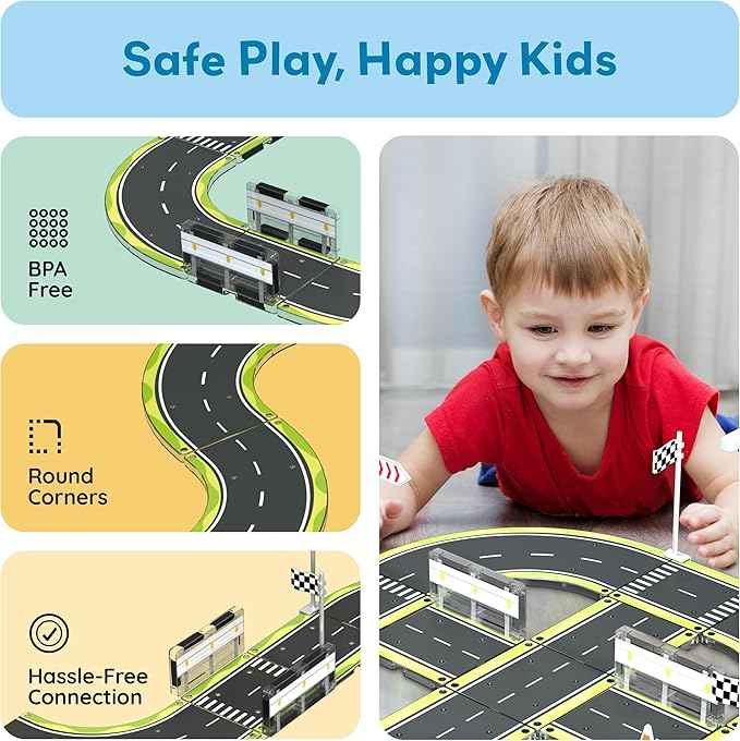 PicassoTiles Magnet Tile Building Block Construction Toy Set Street Sign Traffic Kit Highway Road Race Track with Bumper Barricade Accessory Sticker Education Magnetic Tiles Kids Age 3+ PTR03