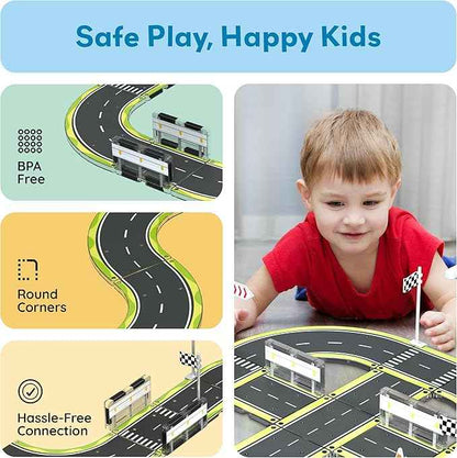 PicassoTiles Magnet Tile Building Block Construction Toy Set Street Sign Traffic Kit Highway Road Race Track with Bumper Barricade Accessory Sticker Education Magnetic Tiles Kids Age 3+ PTR03