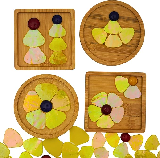 Yuvori Iridescent Flower Mosaic Tiles – 12pcs Mixed Sizes, 5-Petal Iridescent Mica Flowers with Center Beads for DIY Mosaic Art, Fairy Garden, Home Craft, Outdoor Decor (Iridescent Yellow)