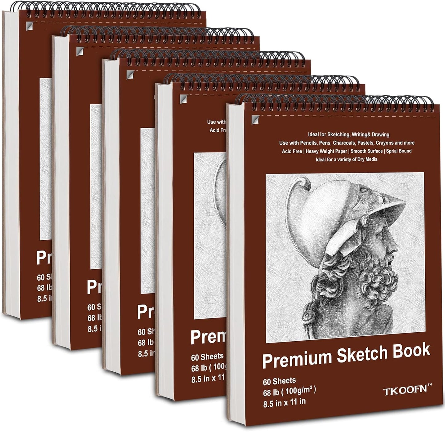 TKOOFN 8.5" x 11" Sketch Book, Pack of 5, 300 Sheet Top Spiral Bound Premium Sketchbook Drawing Pads(68lb/100gsm), Acid-Free Painting Paper for Adults Kids Artists Beginners