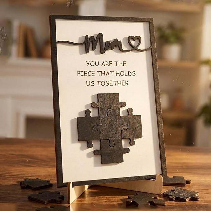 Mom You are The Piece that Holds Us Together Wooden Decor Sign, Personalized for Mom, Custom Family Name Puzzle Plaque, Mothers Day Sign Gift, Unique Home Keepsake