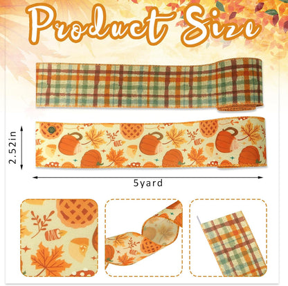 Threetols 2 Rolls 10 Yards Fall Wired Edge Ribbons, 2.5inch Orange Plaid Burlap Ribbon, Autumn Leaves Pumpkin Ribbon for Harvest Thanksgiving Party DIY Craft Fall Wreath Bow Decor - Crafty Corner