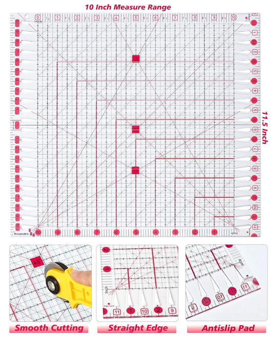 Quilting Ruler for Precise Fabric Cutting 11.5" x 10.5" Quilt Rulers Quilting Sewing Tools Slotted Rulers for Accurate Measurements and Easy Cutting Fabrics Pink