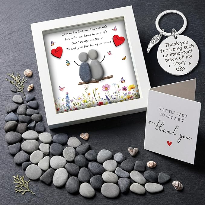 Bestfriend Gifts for Women, 5.5" Pebble Art Bestie Frame Wall Art, Thank You Soul Sister Keychain, Appreciation Birthday Friendship Gifts for Sisters, BFF, Besties, Friends, Valentines Day Decor S93-55