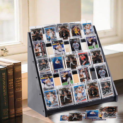Trading Card Display Stand,5-Tier Bamboo Baseball Card Display Case, 35 pt Sports Card Display for Card Game Collection (Black)