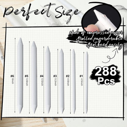 Fulmoon 288 Pcs Blending Stump and Tortillion Set Paper Art Blenders Blend Stumps for Drawing Shading Drawing Supplies Pencil Sketch Paint Tools for Student(Blending Stump,#1, #2, #3, #4, #5, #6)