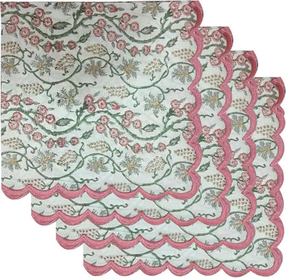 Ridhi Coral Pink Hand Block Print Napkins 18" x 18" Set of 4 Reusable Cotton Dinner Napkins for Weddings, Parties & Everyday Dining, Thanksgiving, Christmas, Fall