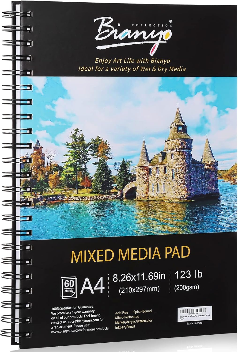 Bianyo Mixed Media Paper Pad, A4 (8.26" X 11.69"), 60 Sheets/Each, 123 LB/200 GSM, Pack of 1 Pad, Spiral-Bound Pad, Ideal for Wet & Dry Media Like Art Marker, Watercolor, Acrylic, Pastel, Pencil - Crafty Corner