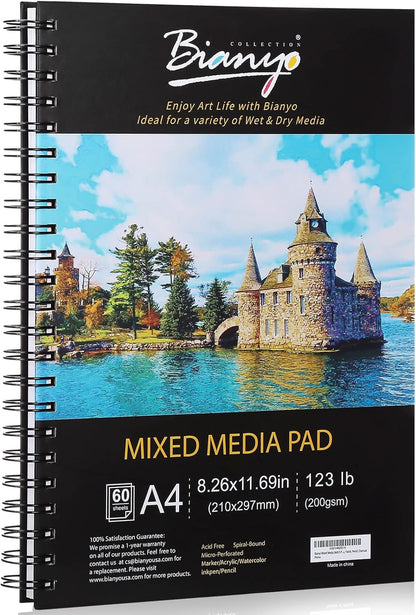 Bianyo Mixed Media Paper Pad, A4 (8.26" X 11.69"), 60 Sheets/Each, 123 LB/200 GSM, Pack of 1 Pad, Spiral-Bound Pad, Ideal for Wet & Dry Media Like Art Marker, Watercolor, Acrylic, Pastel, Pencil - Crafty Corner