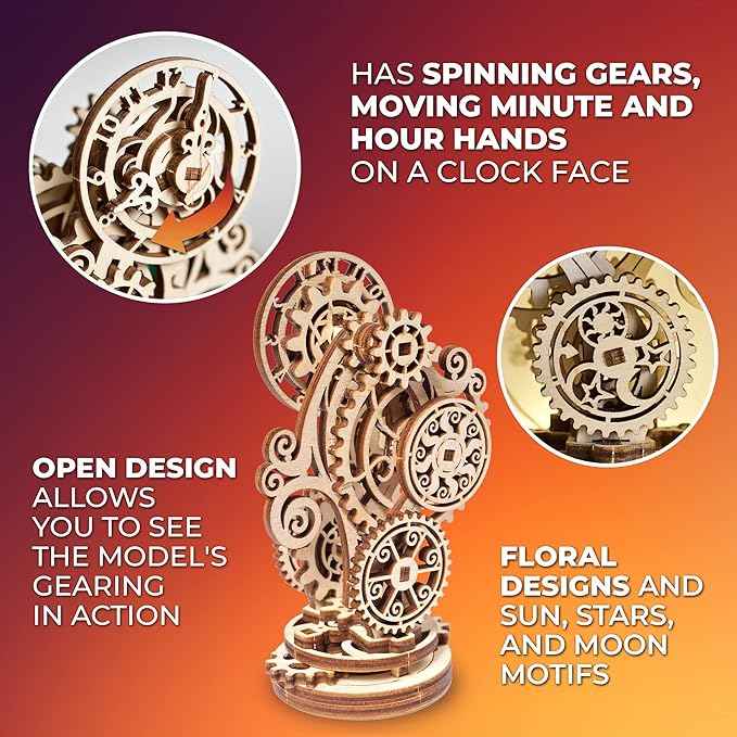 UGEARS Steampunk Clock 3D Wooden Puzzles for Adults - Wooden Model Kits for Adults Mechanical Build a Clock Kit Steampunk Decor Clocks Puzzle Brain Teaser, Hobby Set Home Decoration