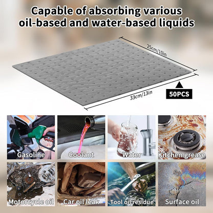 Oil Absorbent Pads Weight Dimpled Pad Garage Accessories Water Absorbent Mat Oil Spill Mat for Oil-Based & Water-Based Fluids Absorbing & Protecting Home Garage Basement (Gray,9.8'' x 13'') (50PCS)