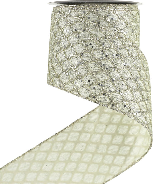 HUIHUANG Champagne Wired Ribbon 4 inch Glitter Christmas Tree Ribbon Diamond Mesh Wire Ribbon for X-mas Tree Decorations, Wreaths, Garland, Large Bows Making, Wedding Decor -10 Yards - Crafty Corner