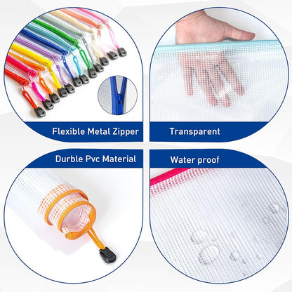 9pcs A4 Mesh Zipper Pouch Bags, 9 Colors, PVC Material, Reusable, Transparent, Zip Closure, Perfect for Toy Storage, Office Organization