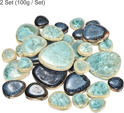 MECCANIXITY 200g Ceramic Mosaic Tiles for Crafts Bulk, Pebble Blue and Green Ceramic Tiles for Mosaic Kits Garden Stepping Stone Cup Mat