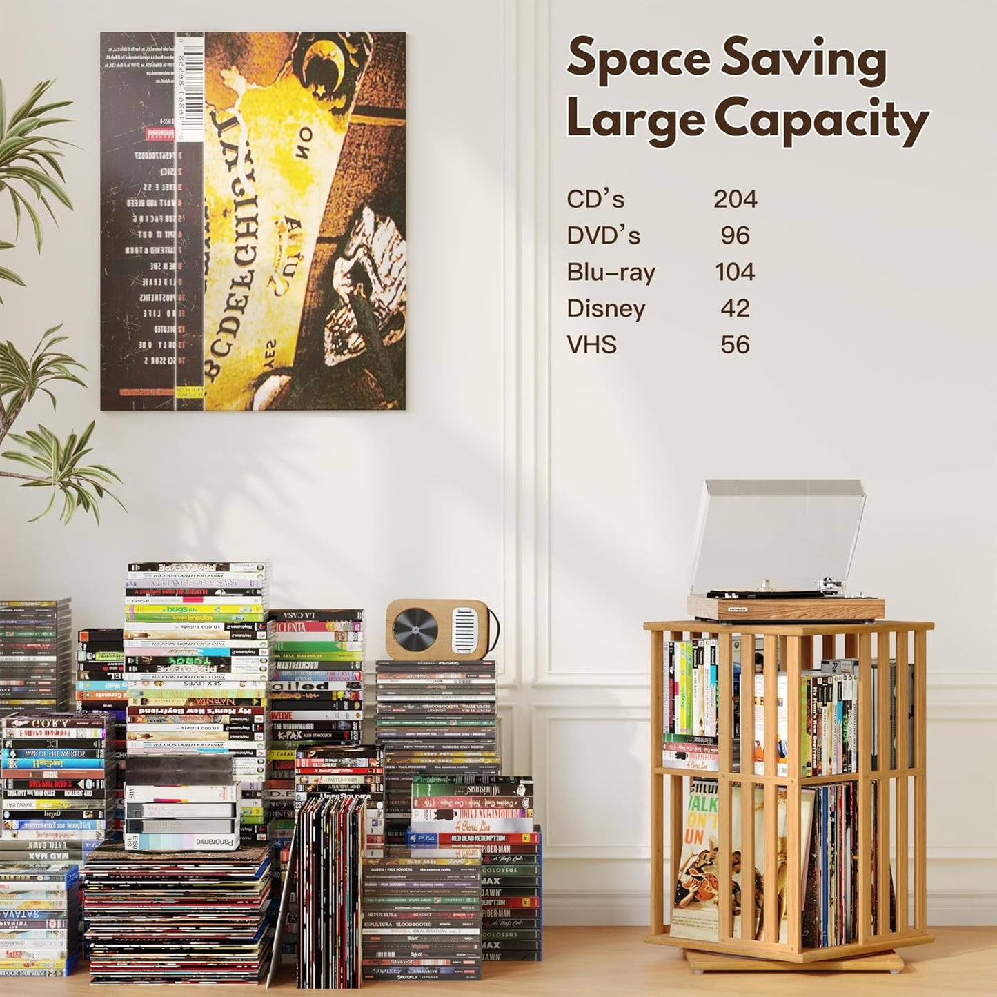 XIMN 360° Rotating Bamboo CD/DVD Shelf - 6-Tier Space-Saving Media Storage Cabinet for Movies, Organizer with Super Compact Design (Nature, 2 Tier)