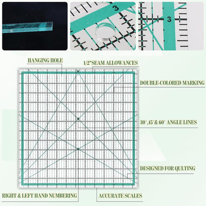 6 Pcs Quilting Rulers and Templates, Quilt Ruler, Acrylic Square Ruler, with Silicone Non-Slip Mat and Storage Bag (3.5"x3.5", 5"x5", 8"x8", 10"x10", 12.5"x12.5", 2"x12")