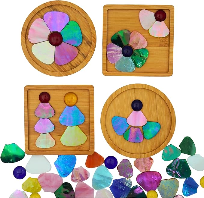 Yuvori Iridescent Flower Mosaic Tiles – 12pcs Mixed Sizes, 5-Petal Iridescent Mica Flowers with Center Beads for DIY Mosaic Art, Fairy Garden, Home Craft, Outdoor Decor (Iridescent Mixed Color)