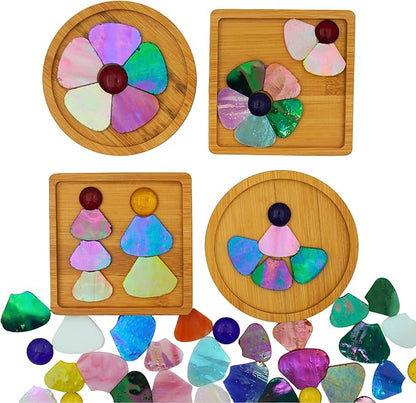 Yuvori Iridescent Flower Mosaic Tiles – 12pcs Mixed Sizes, 5-Petal Iridescent Mica Flowers with Center Beads for DIY Mosaic Art, Fairy Garden, Home Craft, Outdoor Decor (Iridescent Mixed Color)