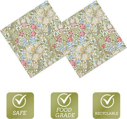 William Morris Party Napkins, 40PCS Greenery Floral Paper Napkins Disposable, Golden Lily White Green Wildflowers Party Supplies for Wedding Bridal Shower Theme Birthday Party Decorations 6.5 Inch